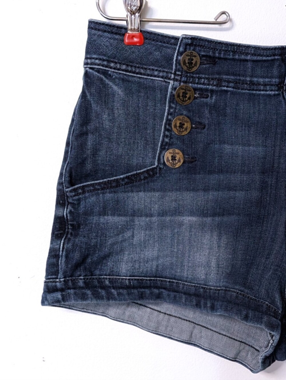 Express Jeans Dark Wash High Waisted Nautical Sailor Denim Shorts | Size 12 - Picture 2 of 7